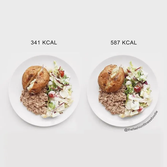 Both Of These Meals Have The Same Amount Of Potato, Tuna Mayo And Salad - But The Plate On The Right Is 246 Calories More Than The Left