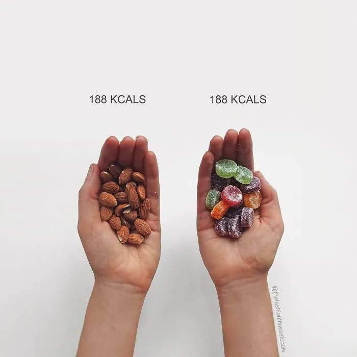 A Hand Full Of Almonds Vs. A Packet Of Fruit Pastels