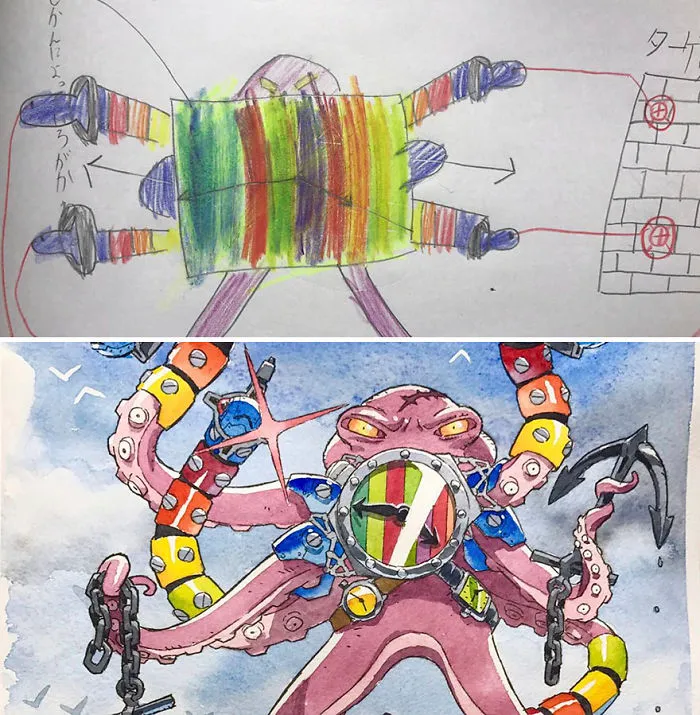 Este padre convierte los dibujos de sus hijos en increíbles personajes de anime (3ª parte)