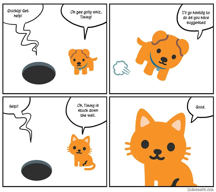 Cartoon illustrating the differences between cats and dogs in a comical rescue scenario by a well.