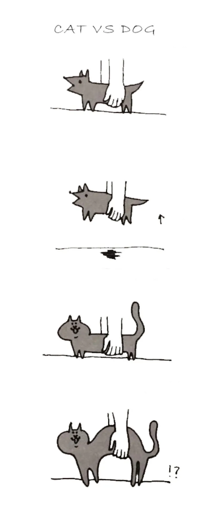 Cartoon illustrating differences between cats and dogs; cat arches back when held, dog stays flat.