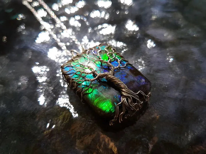 Tree Of Life Necklace With Ammolite Gemstone
