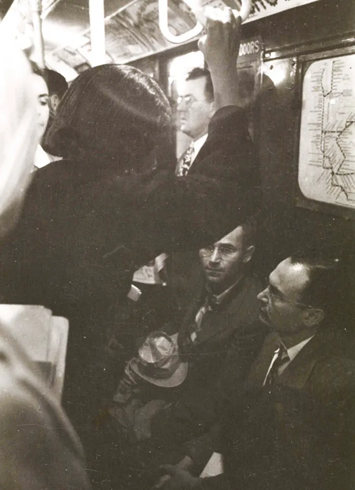 Vintage 1940s New York subway scene captured in Stanley Kubrick's black-and-white photography.