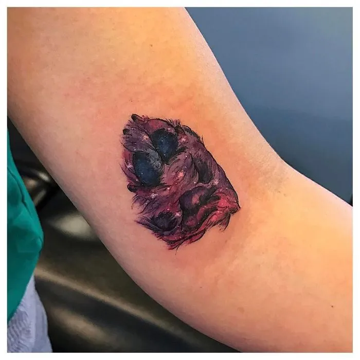 Dog paw print tattoo on an arm, featuring detailed colors and shading.