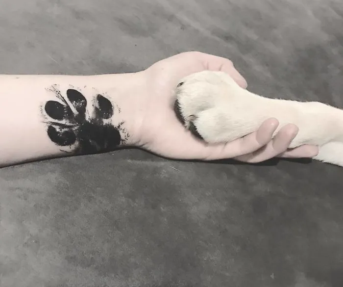 A tattoo of a dog paw print on a person's arm, with a real dog paw resting in their hand.
