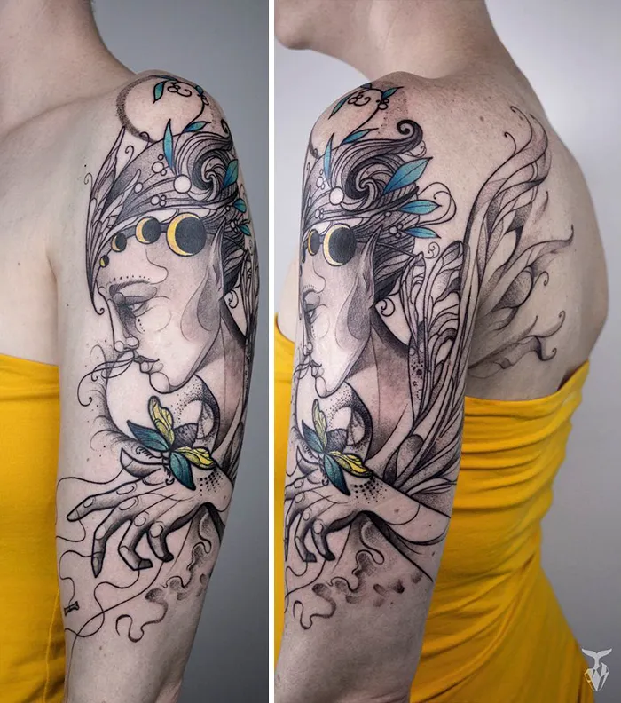 Nature and Art Nouveau inspired tattoo design featuring an abstract figure and floral elements on a person's arm.