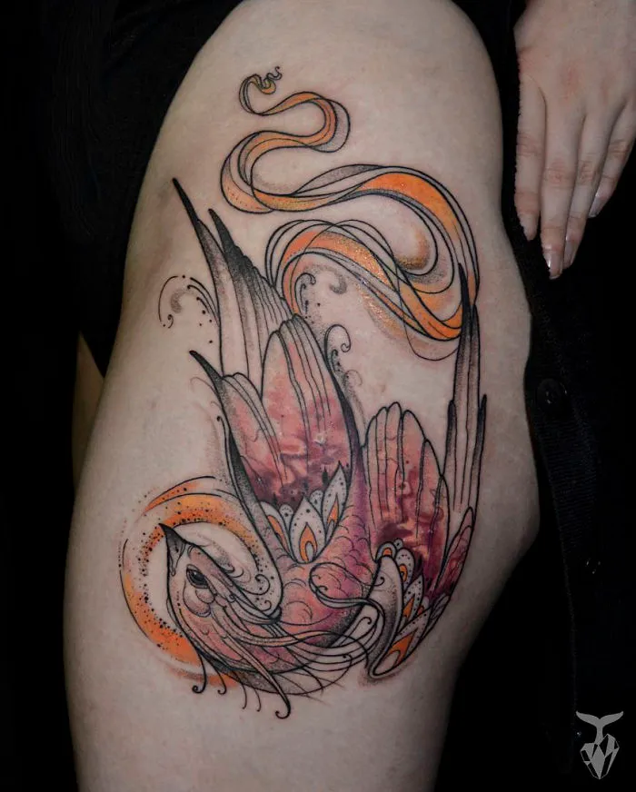 Nature and Art Nouveau inspired tattoo featuring flowing lines and floral elements on a person's thigh.
