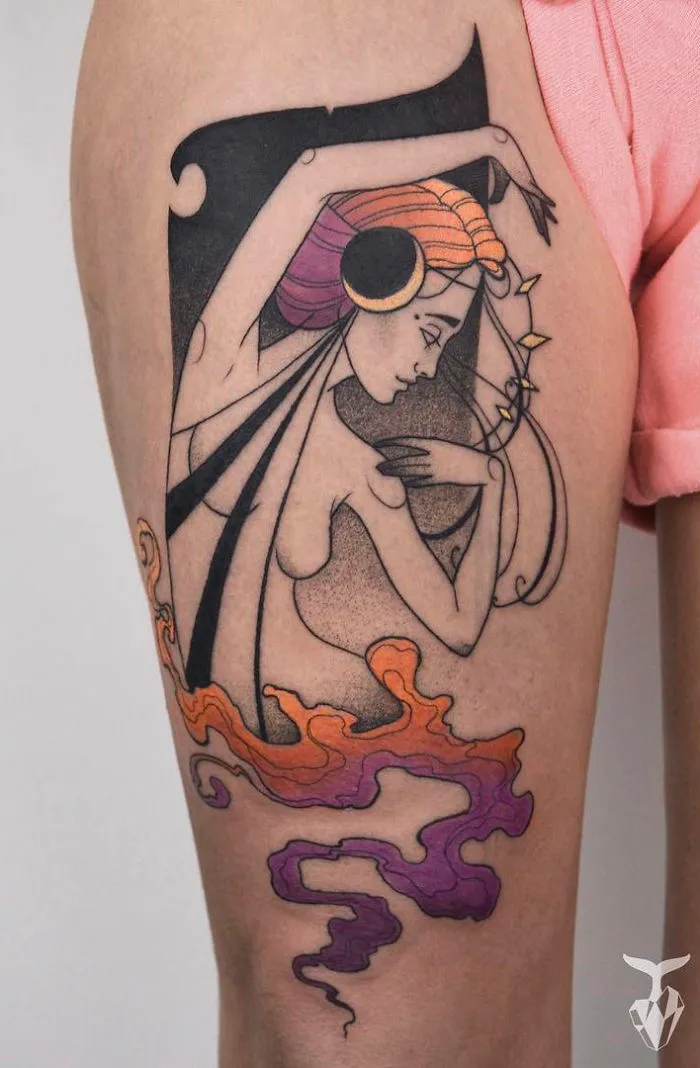 Art Nouveau inspired tattoo featuring a stylized woman with colorful, flowing lines on a person's arm.