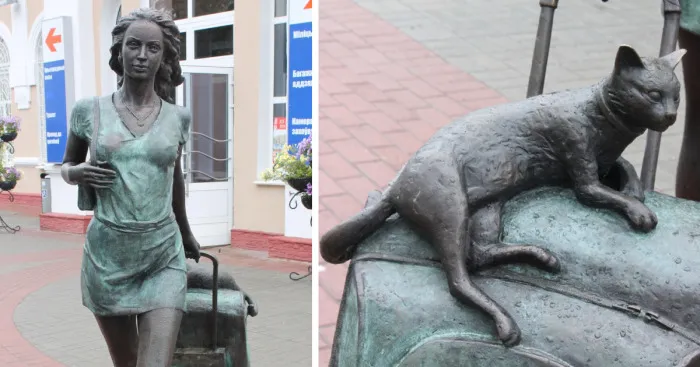 Sculpture Of Woman And Kitten Arriving On A Trip Leaves Its Inhabitants In Love