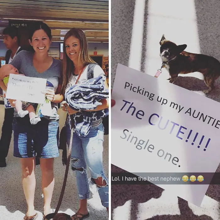 Funny airport pickup signs with people smiling and holding humorous messages, including a cute dog holding a sign.
