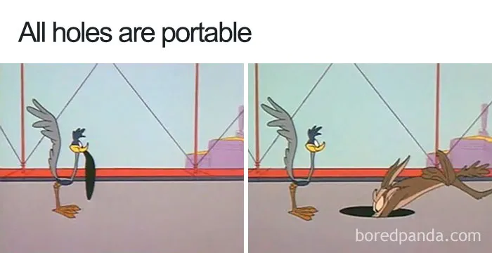 Cartoon logic: Roadrunner holding a portable hole, Coyote falling into it on a bridge.