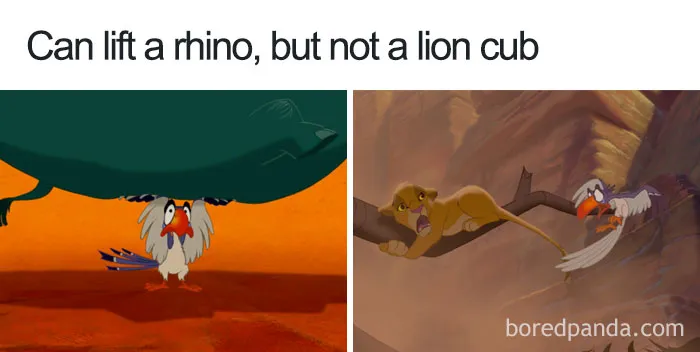 Cartoon logic: A bird lifts a rhino but struggles to lift a lion cub, highlighting inconsistent strength portrayal.