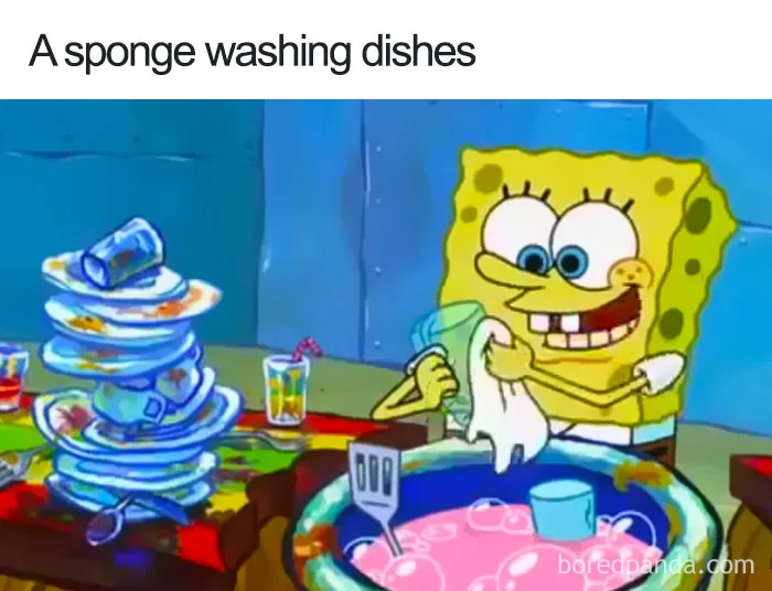 Cartoon logic: a sponge character washing dishes with a smile.