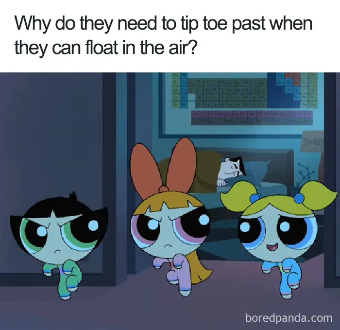 Cartoon logic: floating characters tiptoe quietly past a sleeping figure.