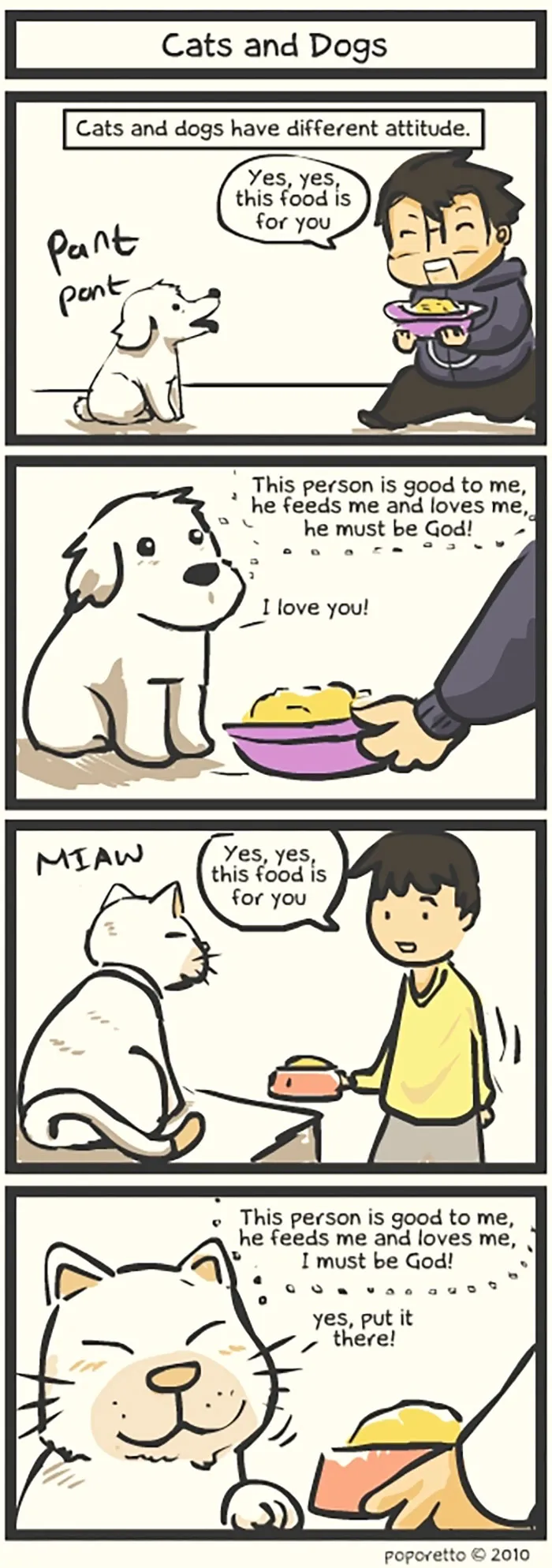 Cartoon illustrating differences between cats and dogs. Dog sees owner as a god; cat sees itself as a god.