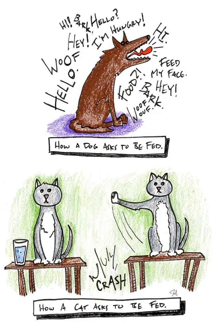 Cartoon showing differences between cats and dogs; dog barking for food, cat knocking over a glass.