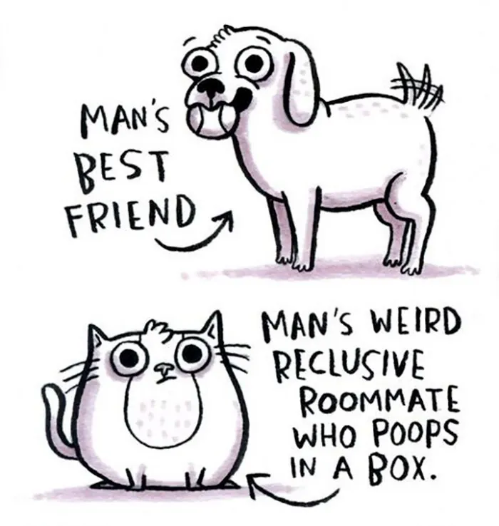 Cartoon illustrating differences between cats and dogs: dog as "man's best friend," cat as "reclusive roommate."