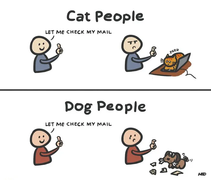 Cartoon comparing cat and dog owners; cat blocks laptop, dog chews mail.