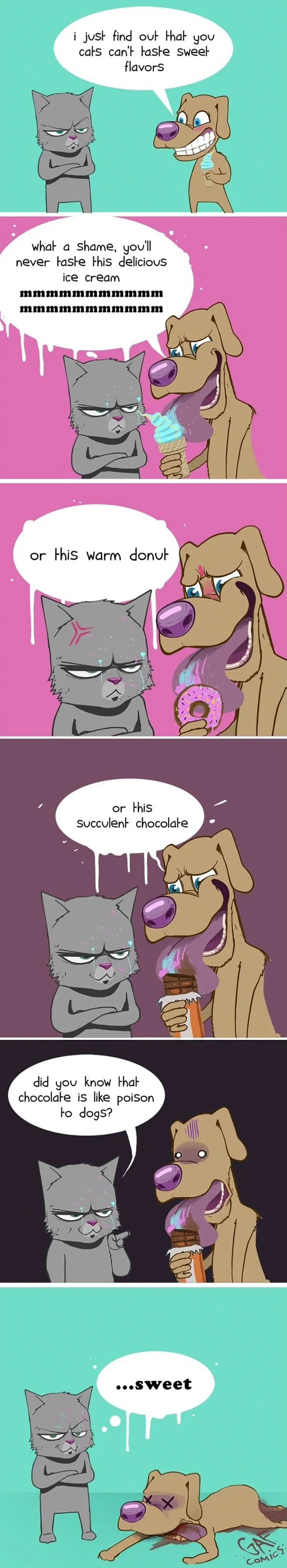 Cartoon shows funny differences between cats and dogs, with a cat teasing a dog about not tasting sweets.