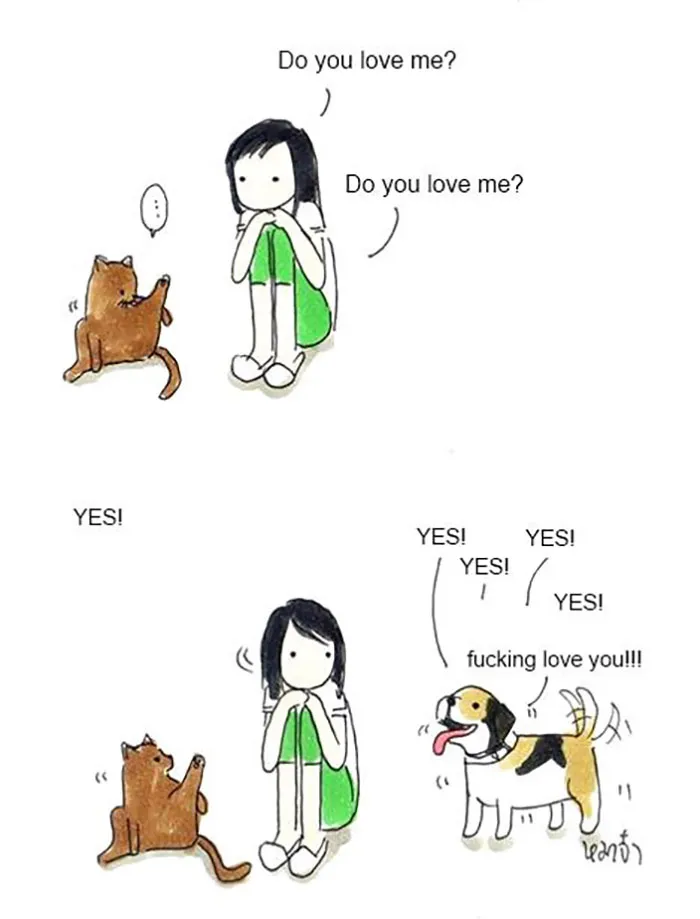 Cartoon illustrating differences between cats and dogs; cat is aloof, dog is exuberant in showing love to a person.