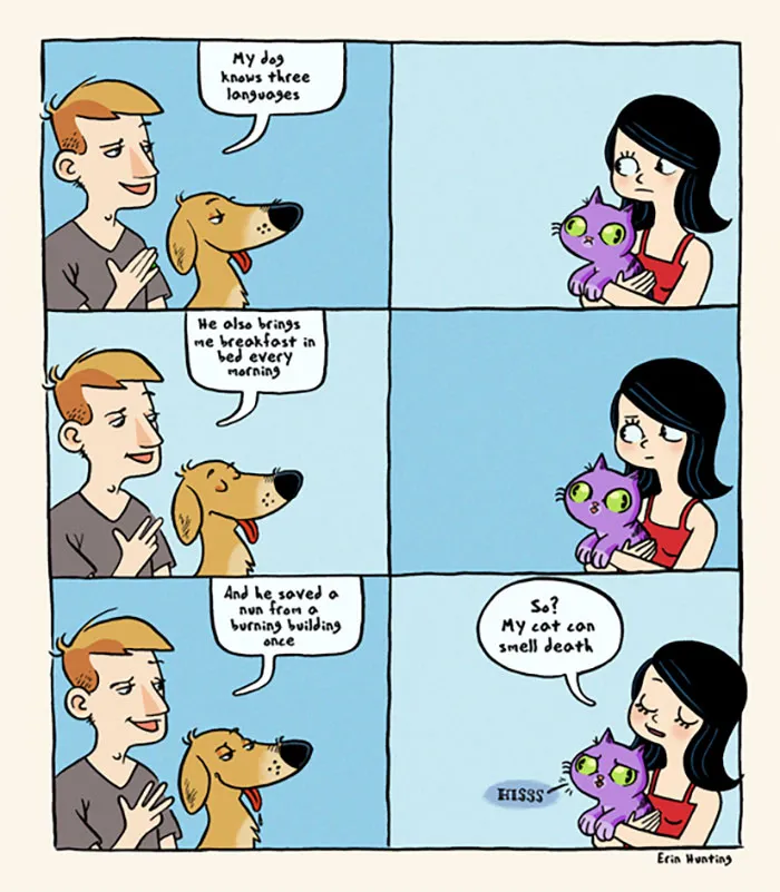 Comic illustrating funny differences between cats and dogs, with dog doing heroic acts and cat hissing humorously.