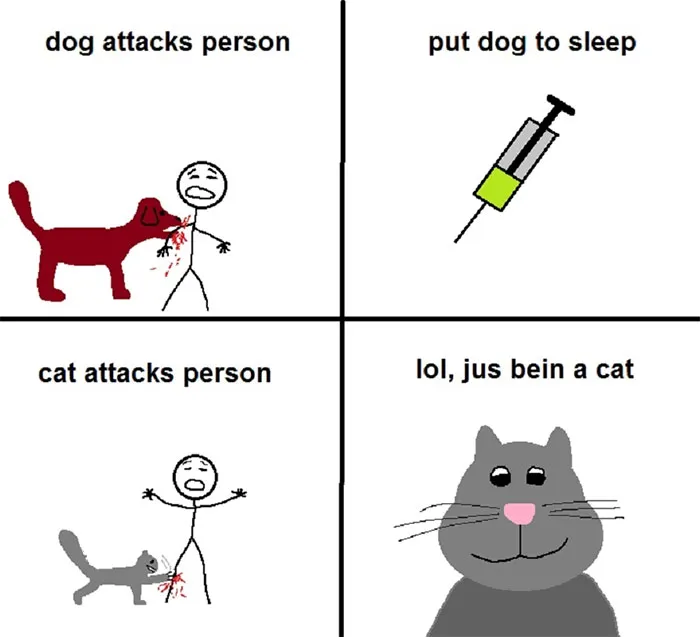Cartoon illustrates hilarious differences between cats and dogs, highlighting reactions to attacks with humor.