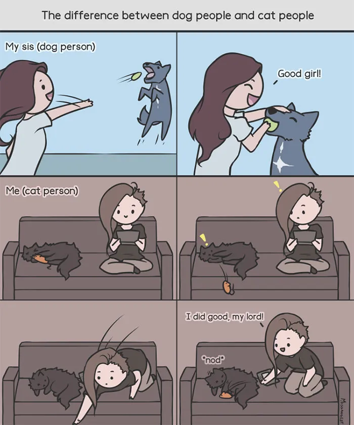 Cartoon showing funny differences between cat and dog owners with a playful dog and a relaxed cat.