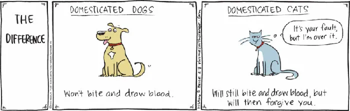 Cartoon shows the funny differences between cats and dogs; dog is friendly, cat is grumpy but forgiving.