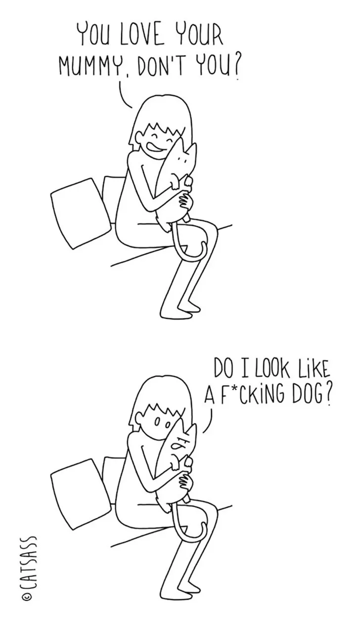 Cartoon showing a woman hugging a cat with humorous text highlighting differences between cats and dogs.