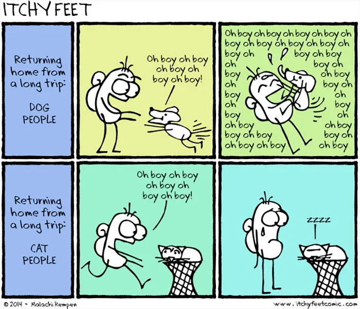 Comic illustrating funny differences between cats and dogs when owners return home.