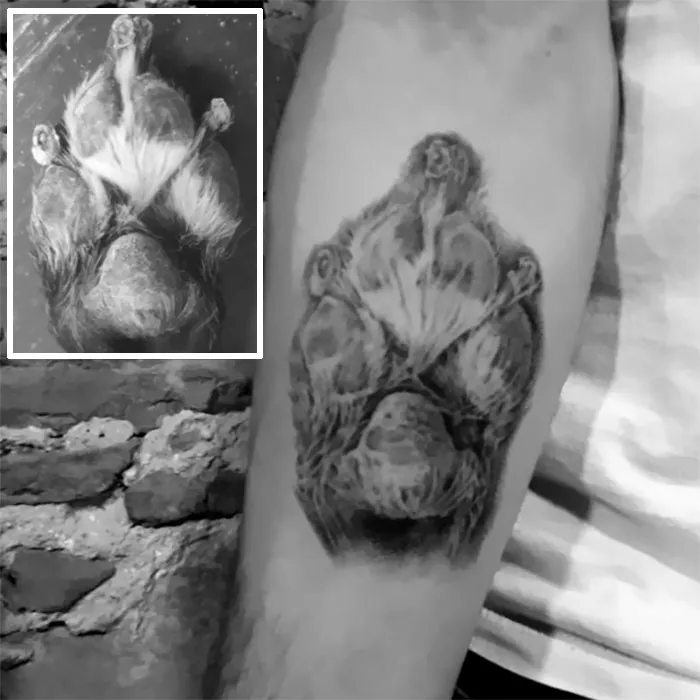 Dog paw print tattoo on an arm, showcasing realistic detail and design.
