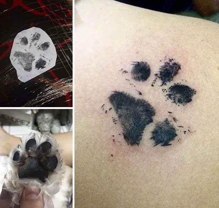 Dog paw print tattoo featuring inked paw, paper stencil, and a dog's paw.
