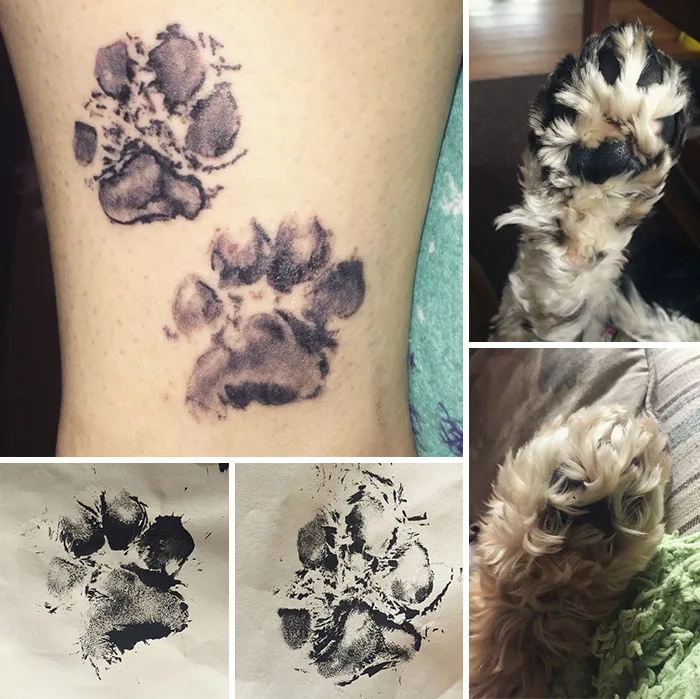 Dog paw prints tattoo on leg, featuring a collage of paw prints and furry paws.