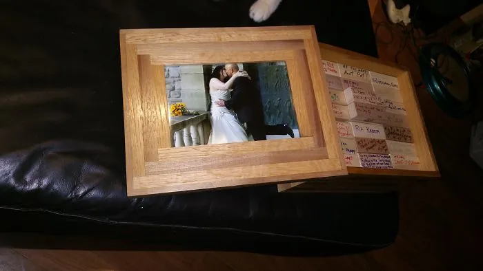 At Our Wedding, In Lieu Of A Guestbook, We Had Our Guests Sign Jenga Blocks.   For Our First Anniversary, He Hand Made A Box Made Of 190 Pieces Of Wood Resembling Jenga Pieces To Keep All The Pieces In.