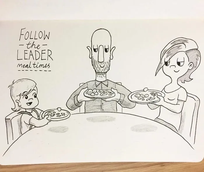 Sometimes At Dinner Poppy Will Suddenly Stop Eating And Raise Her Plate Up, Or Slide It Forward, Or Do Something With Her Cutlery, Starting An Impromptu Game Of Follow The Leader