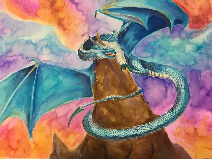 Fantasy Dragon, My Daughter's First Water Color Portrait.