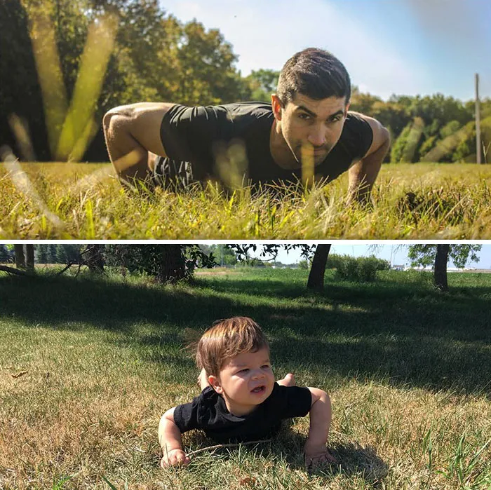 Esta madre se burla de su hermano modelo haciendo que su bebé recree sus poses, y el resultado es tan divertido como adorable