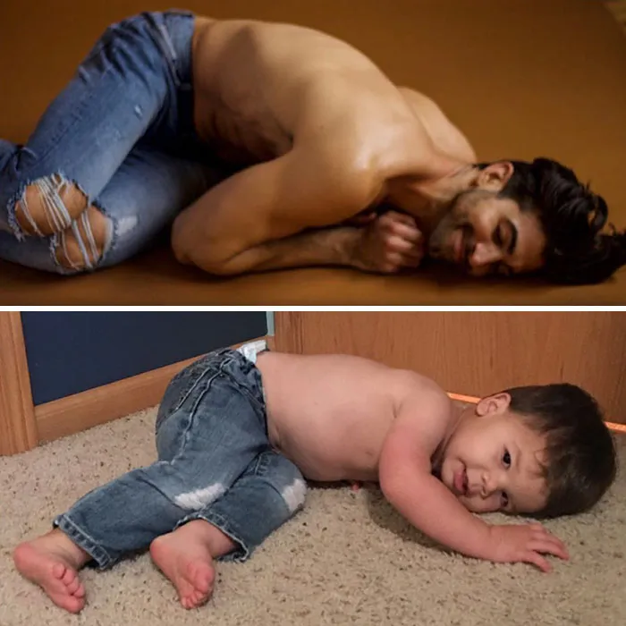 Esta madre se burla de su hermano modelo haciendo que su bebé recree sus poses, y el resultado es tan divertido como adorable