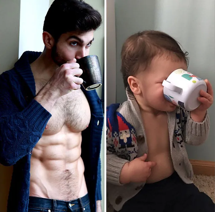 Esta madre se burla de su hermano modelo haciendo que su bebé recree sus poses, y el resultado es tan divertido como adorable