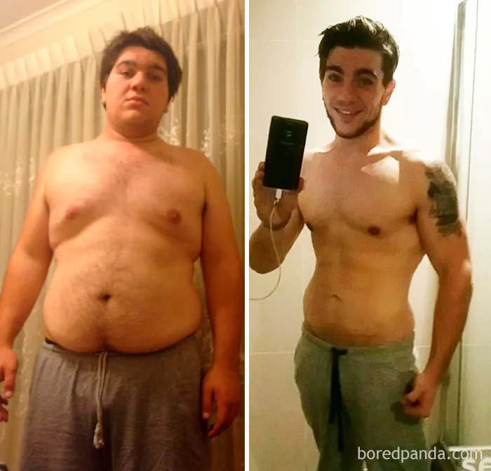 Before and after photos showing amazing weight loss transformation of the same person.