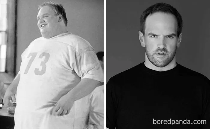 Before and after weight loss transformation of a man wearing a numbered shirt in one image and a black shirt in the other.