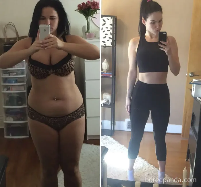 Before and after weight loss transformation shown in two side-by-side mirror selfies.