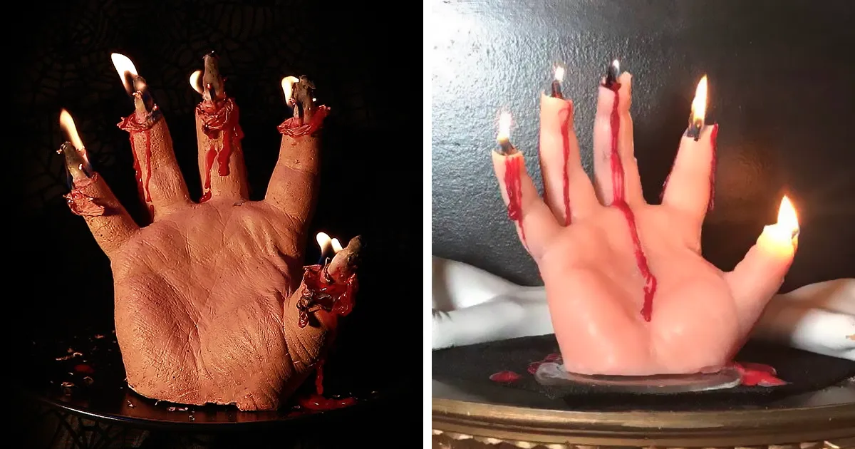 Esta vela en forma de mano sangrante muestra su esqueleto oculto al derretirse, y es terrorífico