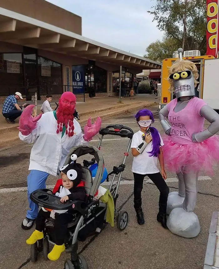 A family dressed in colorful Futurama themed Halloween costumes.