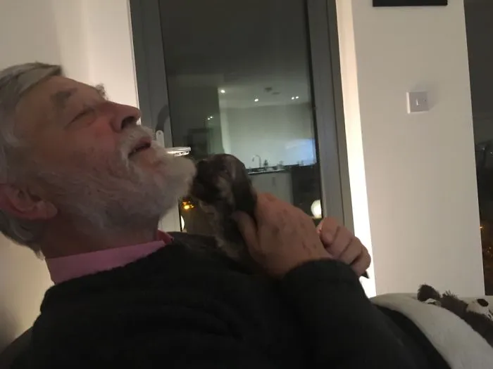 My Dad And The Pup Teddy On The Day We Brought Him Home.