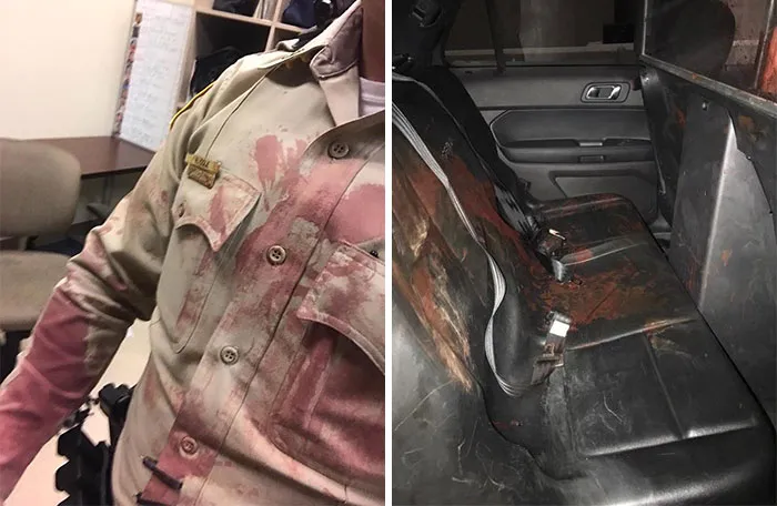 Richard Cole fue uno de los primeros policías que llegó a la zona. Así quedaron él y su coche tras intentar salvar a una mujer herida en la cabeza. Después siguió ayudando a más heridos
