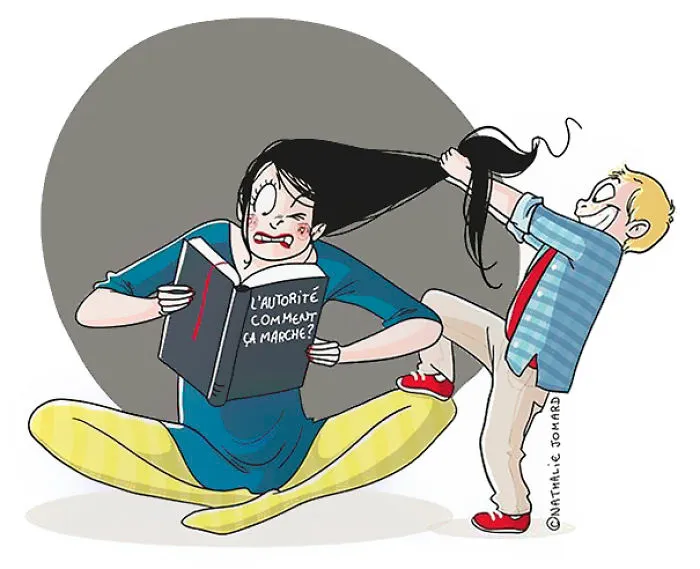 Illustration of a mom reading while her child pulls her hair, humorously depicting parenting challenges.