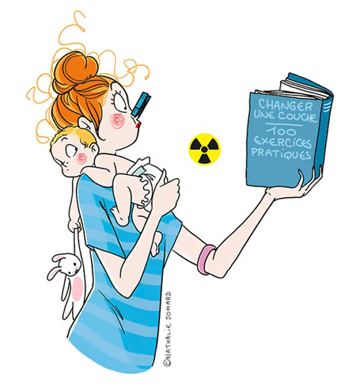 Mom juggling baby and book, illustrating parenting challenges humorously.