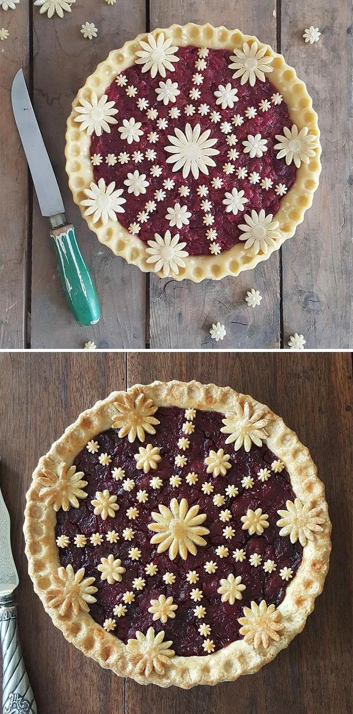 Baker Shows Before & After Pics Of Her Awesome Pie Crusts, And The Result Is Too Pretty To Eat