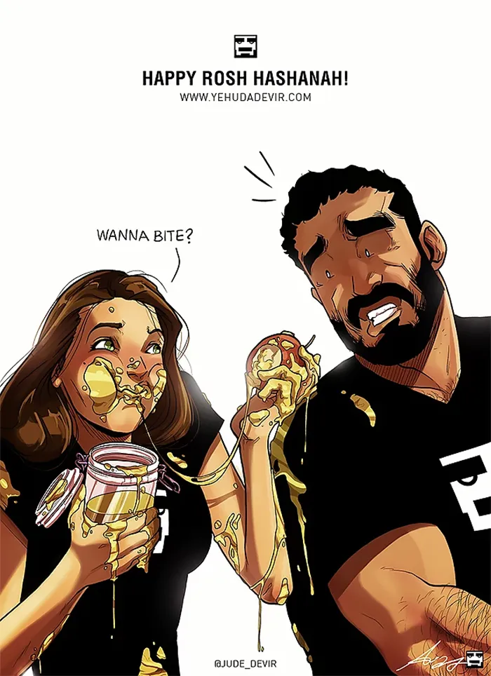 Artist illustrates everyday life with his wife in a humorous comic scene featuring honey and laughter during Rosh Hashanah.